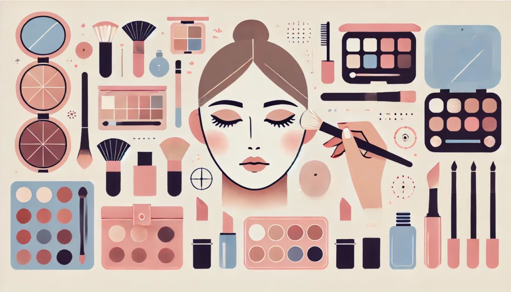 DALL·E 2024-09-27 19.47.29 - A minimalistic illustration in 16_9 ratio for an auto-makeup lesson. The design should feature elements such as a face being applied with makeup, make